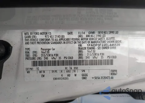 2014 Ford Focus Se z USA, uszkodzony, nr VIN 1FADP3F22EL446539